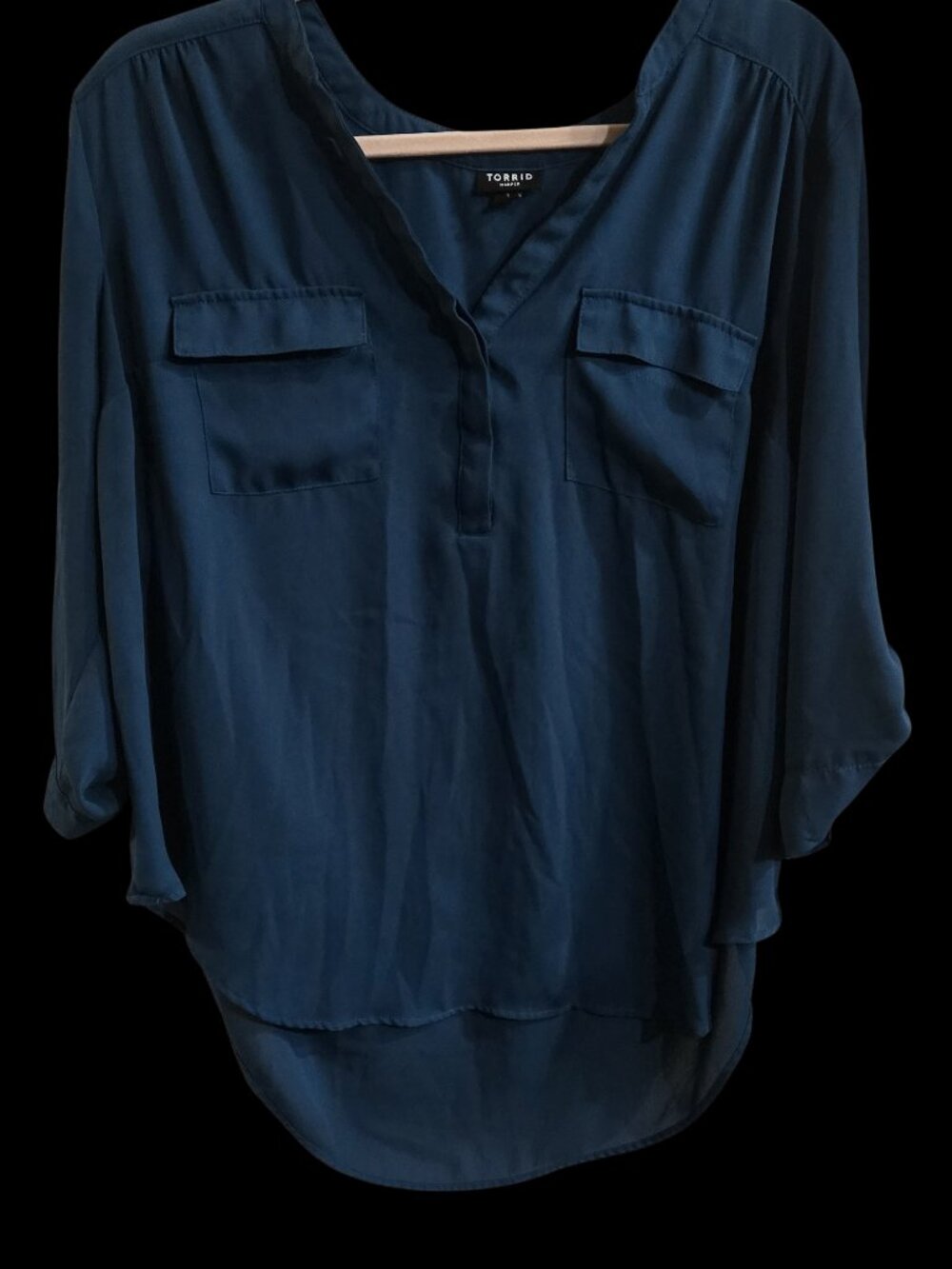 Torrid Harper Blouse Womens 1X 14/16 Teal Blue 3/4 Sleeve Pullover Pocket Top